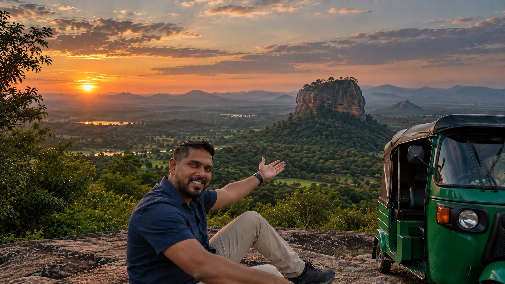 Sigiriya Rock at sunrise with a local guide beside a green tuk-tuk
